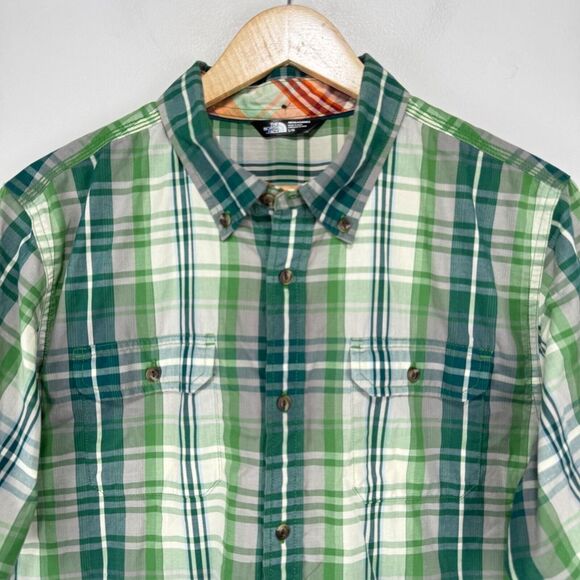 The North‎ Face Short Sleeve Delridge Button Shirt Men Large Green White Cotton - Picture 2 of 10